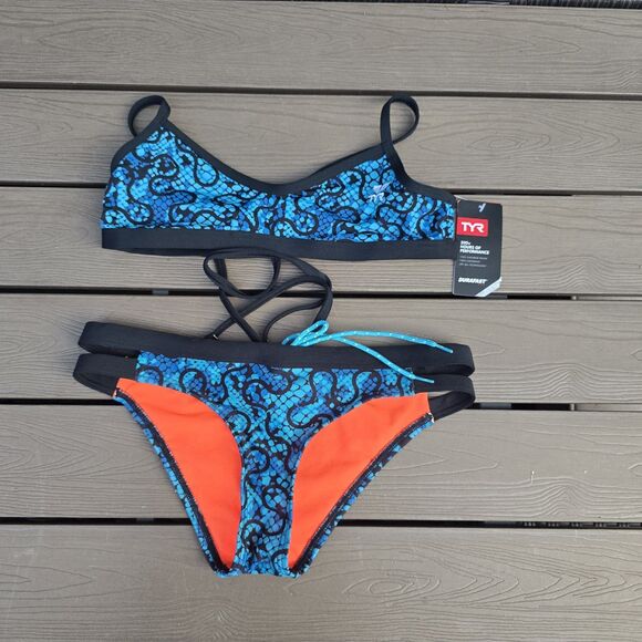 TYR Womens Blue/black Burano Crosscutfit Tie Workout Bikini Set Sz S New - Picture 1 of 3